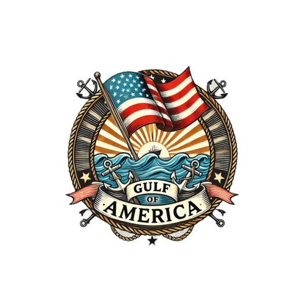 Gulf of America decal with an American flag over water