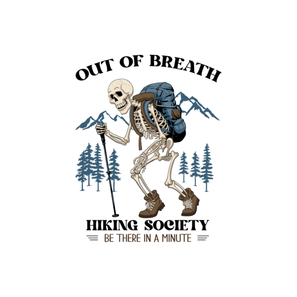 Out Of Breath Hiking Society decal with a skeleton wearing a backpack