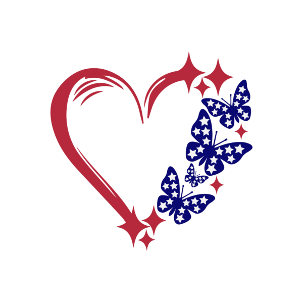 Love America - Butterflies decal featuring a red heart outline with a portion created by blue butterflies with stars