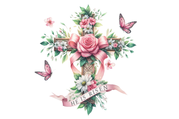He is Risen Cross with pink flower and pink butterflies